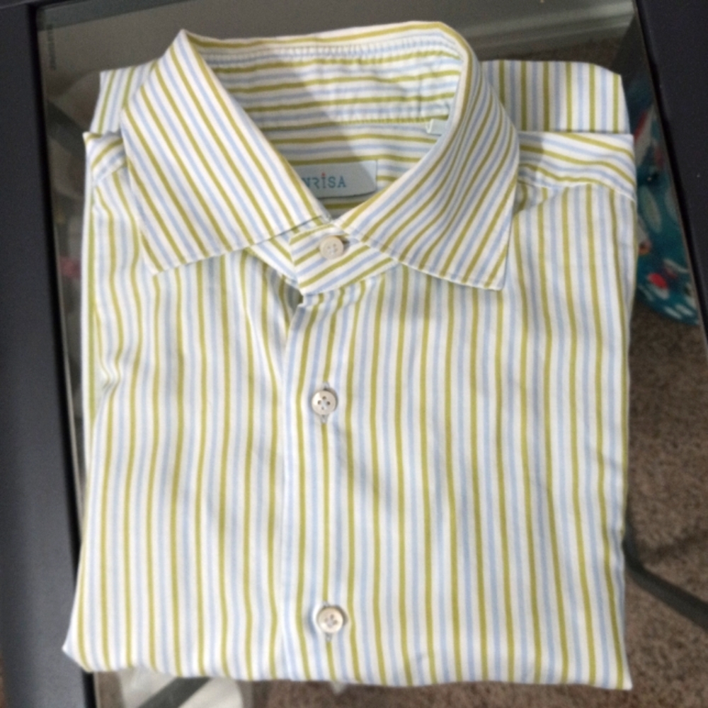 Sonrisa Mens 16/41 Cotton Luxury Long Sleeved Shirt - Lime n Sky Blue on White